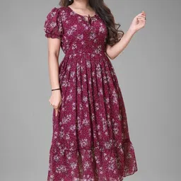 bhadani Women's Printed Georgette Regular Fit Round Neck Short Sleeve Fancy Flare Long Dress image 3