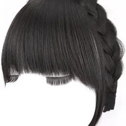 hair wala HAIR WALA™ Front Hair Bangs Fringe Hair Extensions Synthetic Fake Bangs Hair Neat Fringe Bangs with Double Row Braids Headband for Women Girls Bangs Hair (Color : Black) image 3