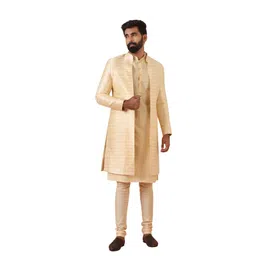kisah KISAHMens Indo-Western Sherwani Churidar Set|Silk Blend Fabric Self Design Pattern Mens Ethnic Wear|Regular Fit Mandarin Collar Long Sleeves image 1