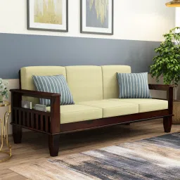 Madhavi 3 Seater Wooden Sofa (Creame Colour, Walnut Finish)-image-74