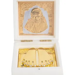 Golden Peacock Sai Baba White Blessing Box Compact Spiritual Pooja Box with Charan Padu (Pack of 2) image 2