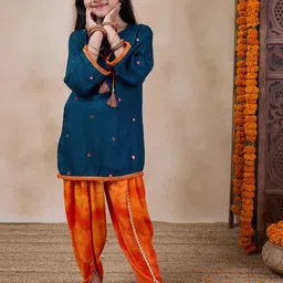 pspeaches Girls Embroidered Tie-Up Neck Mirror Work A-Line Kurta With Dhoti Pants-picture-33