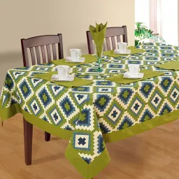 swayam Puzzled (90x60) Green & Cream Cotton Table Cloth image 1