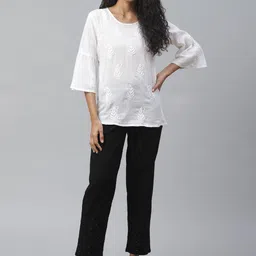 akheri Women Off-White Embroidered Pure Cotton Top image 5
