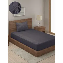 HOSTA HOMES Grey Striped 300 TC Fitted Bedsheet with 1 Pillow Cover (Single)-image-60