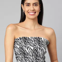 FINSBURY LONDON Black Animal Print Smocked Tube Crop Top-image-35