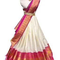 renvaani fashion Women's Indian Traditional Unstitched Kanjivaram Silk Zari Lehenga Choli Along With Dupatta Attach With Unstitch Blouse Piece, Half Saree (LAHENGA KH142 ROSE OFF WHITE RAMA PURPLE) image 3