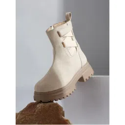 VALIOSAA Cream Casual Round Toe Block Heeled Boots-picture-34
