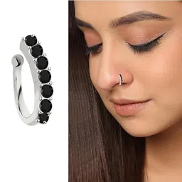 vama Black Stone Clip On Silver Nose Ring Without Piercing Pressing Nose Pin Stud for Women image 4