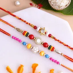 Aapno Rajasthan Set Of 3 Floral Thread Rakhi With Roli Chawal & Greeting Card-picture-34