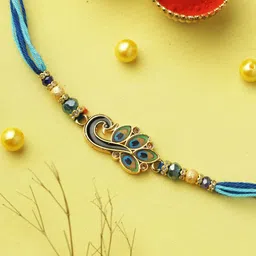 Aapno Rajasthan Peacock Feather Beaded Rakhi With Roli Chawal & Greetings Card-picture-49