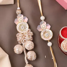 PANASH Set Of 2 Gold Plated Beaded Floral Shaped Bhaiya Bhabhi Rakhis With Roli Chawal-picture-46