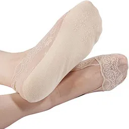 ramanuja - fashion as unique as you are. RAMANUJA - Anti-skid Lace No Show Socks/Foot Cover for Women/Girls Beige (Pack of 3) image 3