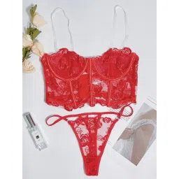 MHYTH Red Lace Corset Bralette Top with Panty image 3