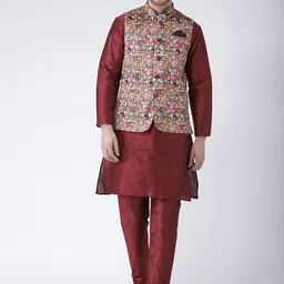 Hangup Men Maroon Kurta with Pyjamas & Jacket-picture-11