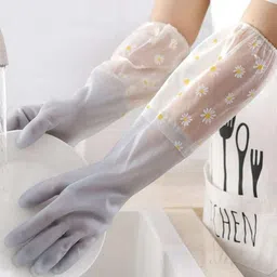 TEKCOOL Reusable Heavy Duty Hand Gloves for Dishwashing, Gardening, Kitchen Cleaning Non-Slippery & Durable Long Elbow Length(Inner Cotton Lining for Comfort), Pack of 1 Pair (Grey). image 2