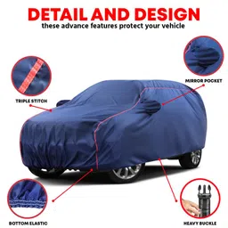 VOICO Water-Resistant Dustproof Car Cover for Hyundai i20 Asta - Mirror Pocket, UV Protection, Scratch Guard, Buckle Belt, Front & Back Bottom Elastic with Red Piping - Blue image 4