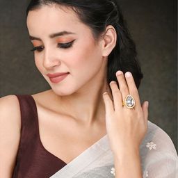Peora Gold Plated Stone Studded & Beaded Adjustable Finger Ring-picture-28