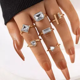 Jewels Galaxy Set Of 6 Gold-Plated Stone Studded Adjustable Finger Rings image 1