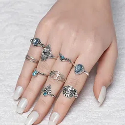 VOGUE PANASH Set Of 9 Oxidized Silver-Plated Stone-Studded Finger Rings image 1