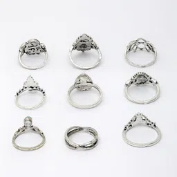 VOGUE PANASH Set Of 9 Oxidized Silver-Plated Stone-Studded Finger Rings image 3