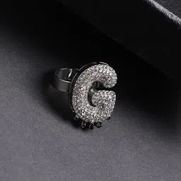 French Accent Men Silver-Plated Stone Studded G Alphabet Ring image 1