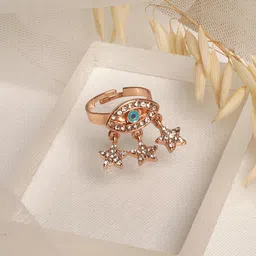 JOKER & WITCH Rose Gold Turquoise-Blue Rhinestone-Studded Glitter Evil Eye Finger Ring image 1