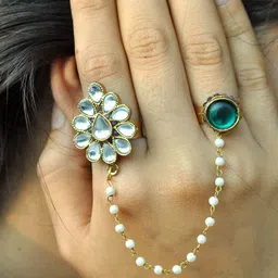 BeAbhika Floral Duo Kundan-Studded Finger Ring With Chain image 1