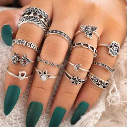 Yellow Chimes Set Of 13 Brass-Plated Silver-Toned Oxidised Knuckle Finger Ring image 1