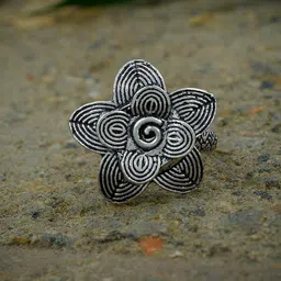 Silvermerc Designs Oxidised Silver-Plated Floral Adjustable Ring-image-43