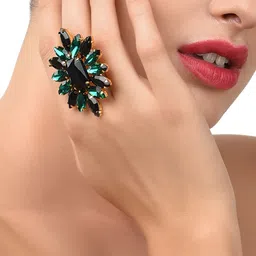Zaveri Pearls Black & Green Gold-Plated Crystal Adjustable Finger Ring image 2