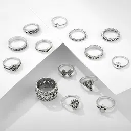 Yellow Chimes Set Of 13 Brass-Plated Silver-Toned Oxidised Knuckle Finger Ring image 3