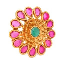 aadita Gold-Plated Pink & Green AD-Studded Finger Ring image 3