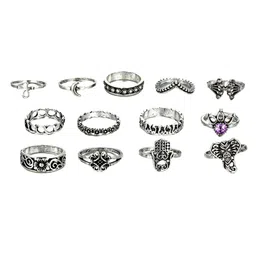 Yellow Chimes Set Of 13 Brass-Plated Silver-Toned Oxidised Knuckle Finger Ring image 5