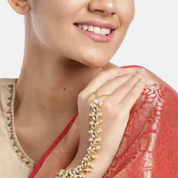 I Jewels White Gold-Plated Kundan Studded & Beaded Handcrafted Ring Bracelet-picture-35