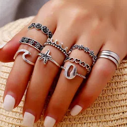 Yellow Chimes Set Of 11 Oxidized Brass-Plated & Silver-Toned Knuckle Finger Rings-picture-30