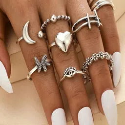 Shining Diva Fashion Woman Set Of 9 Silver-Plated Finger Ring-picture-34
