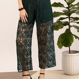 STREET 9 Women Green Floral Printed Relaxed Straight Fit High-Rise Parallel Laced Trousers-image-10