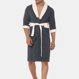 SPACES Unisex Grey Solid Pure Cotton Bathrobe-picture-39