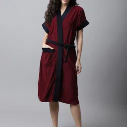 ELEVANTO Women Maroon & Navy Blue Solid Bath Robe-picture-13