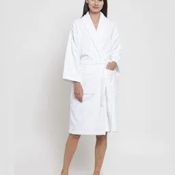 MYTRIDENT Women White Cotton Bath Robe with 2 front pockets image 2