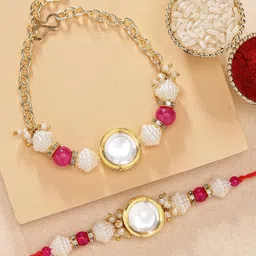 KARATCART Set of 2 Gold Plated Polki Kundan Bhaiya Bhabhi Rakhi With Roli & Chawal Combo image 1