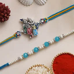 eCraftIndia Set of 2 Radha Krishna & Pearl Embellished Rakhi With Roli & Chawal image 2