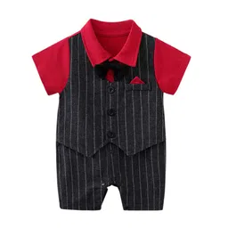 StyleCast Infants Boys Red Colourblocked Suit Style Cotton Rompers-picture-23