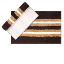 LUXEHOME INTERNATIONAL Unisex Set Of 2 Brown & Yellow Striped Microfibre 1800 GSM Bath Rug-picture-32