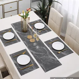 HOKIPO Set Of 4  PVC Washable Marble Print Table Placemats With 1 Runner image 2