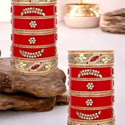 LUCKY JEWELLERY Gold-Toned & Red Stone-Studded Chuda Bangle Set-image-16