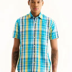 Red Flame Tartan Checked Spread Collar Cotton Linen Casual Shirt-image-84