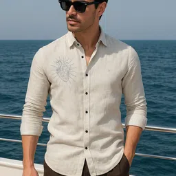 ALMATY Glossy Comfort Heart Embroidered Button-Down Collar Slim Fit Linen Shirt-picture-10