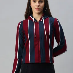 Campus Sutra Women Maroon & Navy Blue Striped Hooded Sweatshirt-image-43